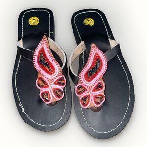Handmade Beaded Leather Sandals Pink Red Butterfly EU 36 Boho Y2K Festival Thong